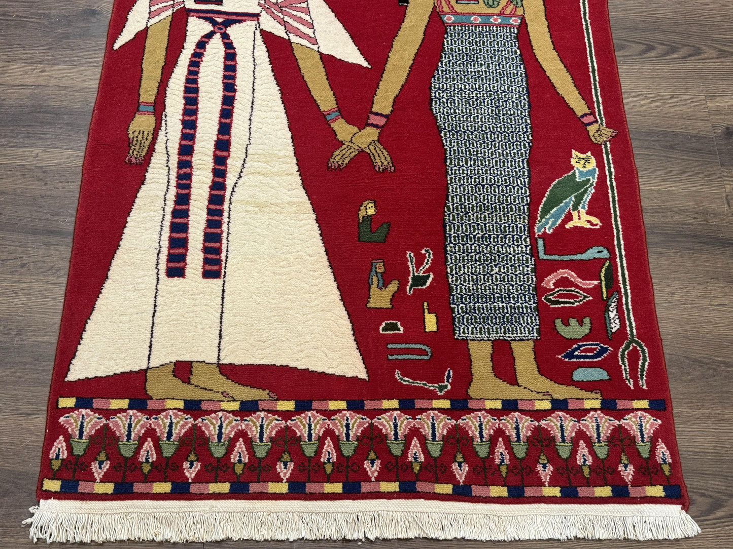 Egyptian Pictorial Rug 3x4, Hieroglyphic Pictorial Rug, Egyptian Prince and Princess, Cleopatra, Vintage Handmade, Red