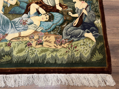 Persian Tabriz Pictorial Rug 5x3, Women Laying By River, Super Fine 60 Raj 480+ KPSI, Hand Knotted Wool Rug, Semi Antique Vintage Oriental Carpet