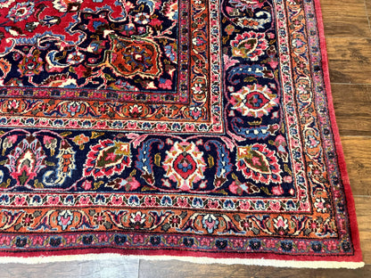 Antique Persian Mashad Rug 10x13, Red and Navy Blue, Great Colors, Signed By Masterweaver, Floral Medallion, Handmade Wool Persian Carpet