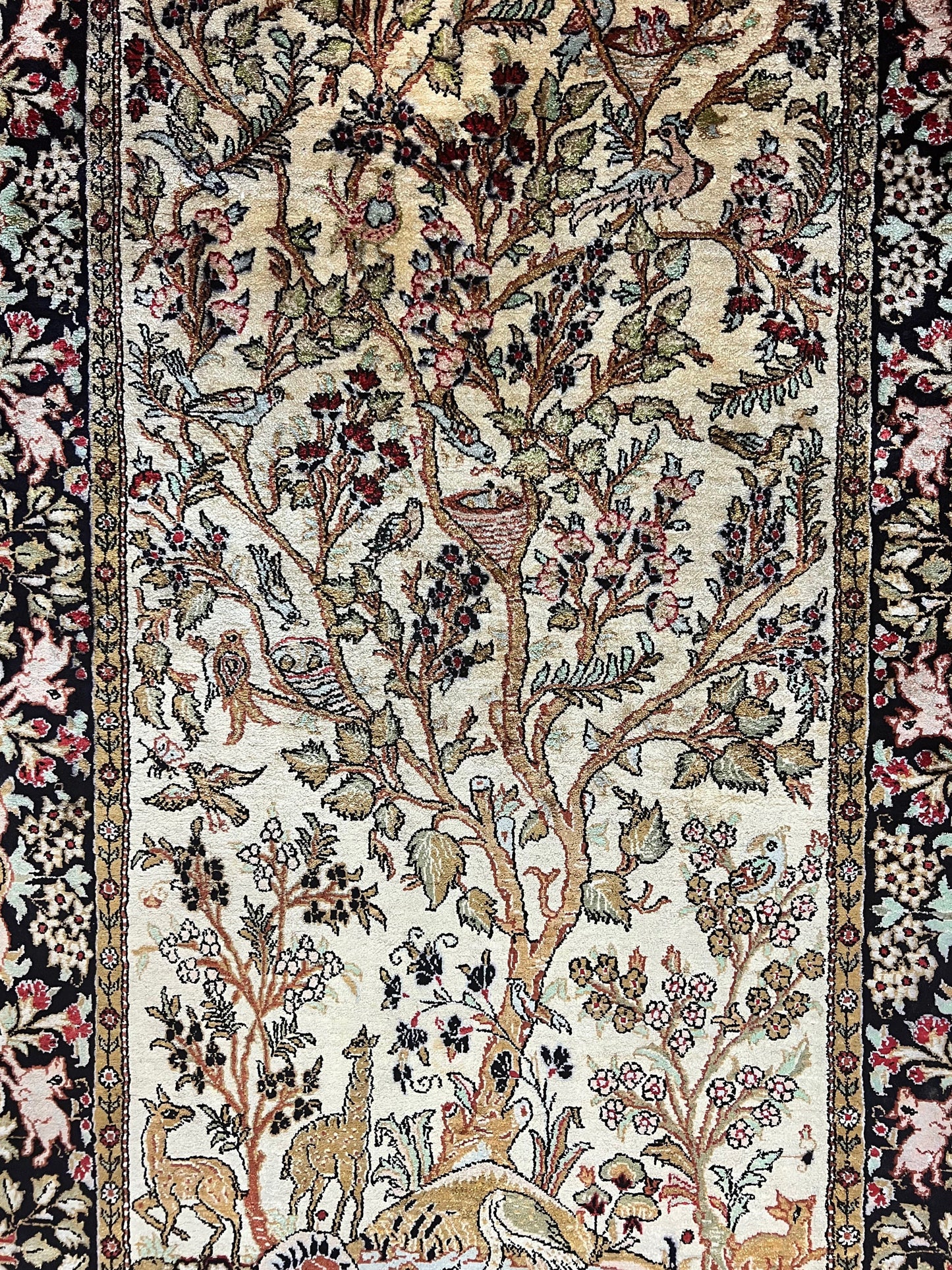 Silk Tree of Life Persian Qum Rug 3x4, Hand Knotted Vintage Carpet, Cream & Black, Very Fine Oriental Rug, Animal Pictorials, Birds