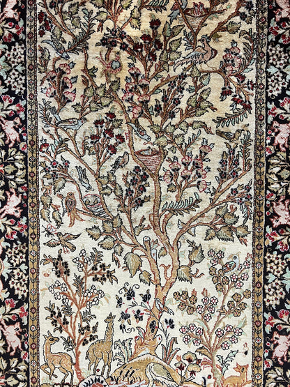 Silk Tree of Life Persian Qum Rug 3x4, Hand Knotted Vintage Carpet, Cream & Black, Very Fine Oriental Rug, Animal Pictorials, Birds