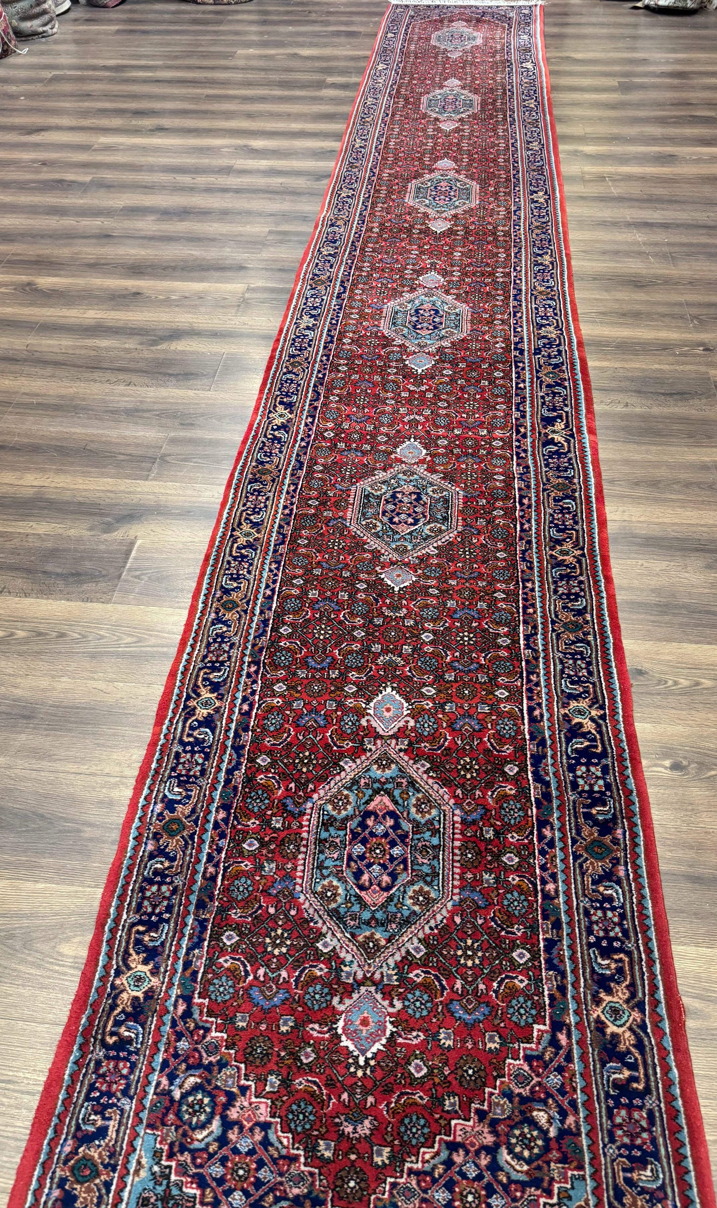 Indo Persian Bidjar Runner Rug 3 x 18.6, Red Navy Blue, Long Runner, Wool Oriental Carpet
