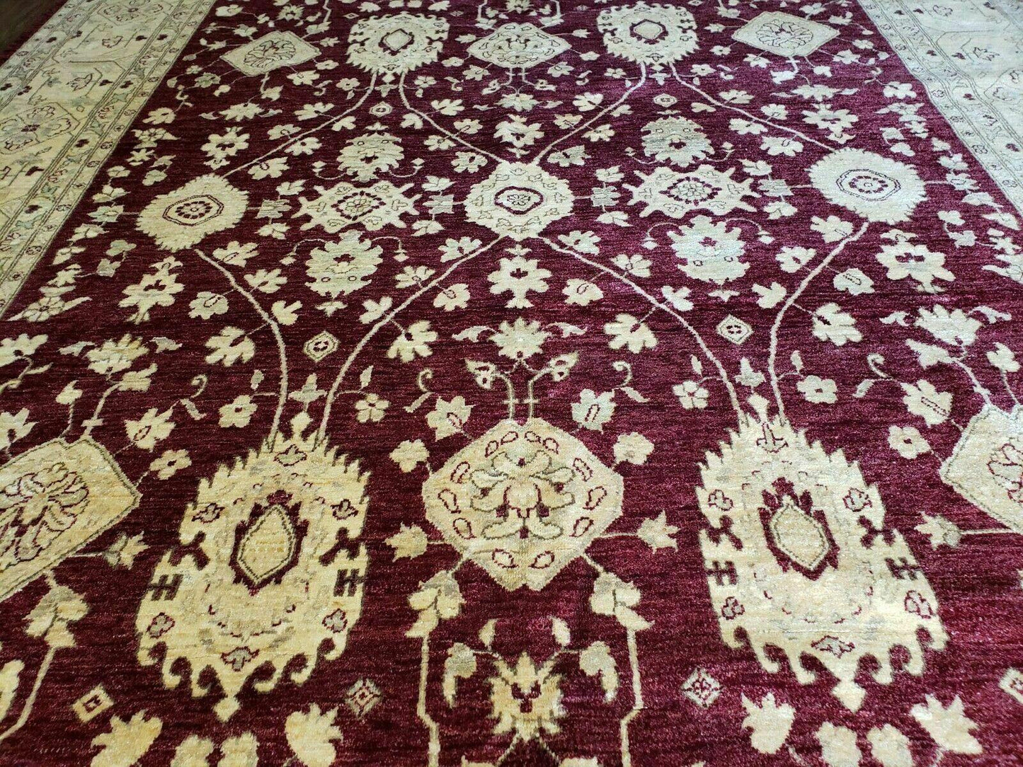 Pakistani Peshawar Rug 10x14, Handmade Chobi Carpet, Maroon & Beige
