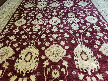 Pakistani Peshawar Rug 10x14, Handmade Chobi Carpet, Maroon & Beige