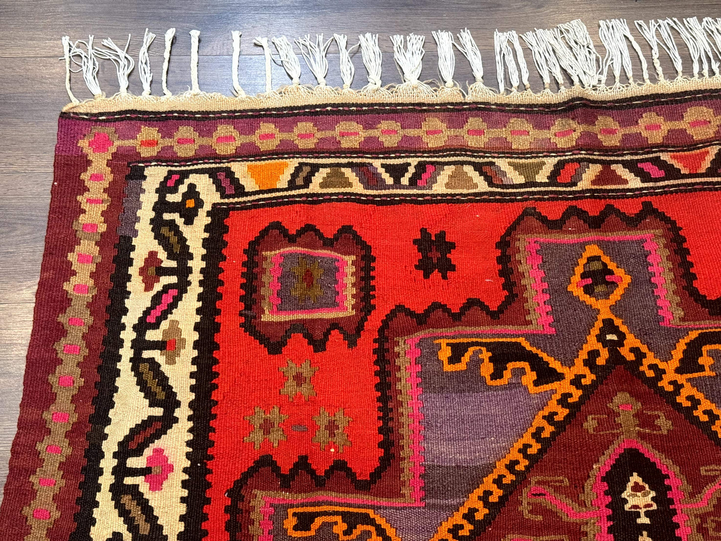 Persian Kurdish Zarand Kilim Rug 5x9 Runner With Red Field And Geometric Medallions