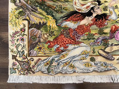 Persian Tabriz Pictorial Rug Hand Knotted Wool 5x3 Hafez Poetry Border