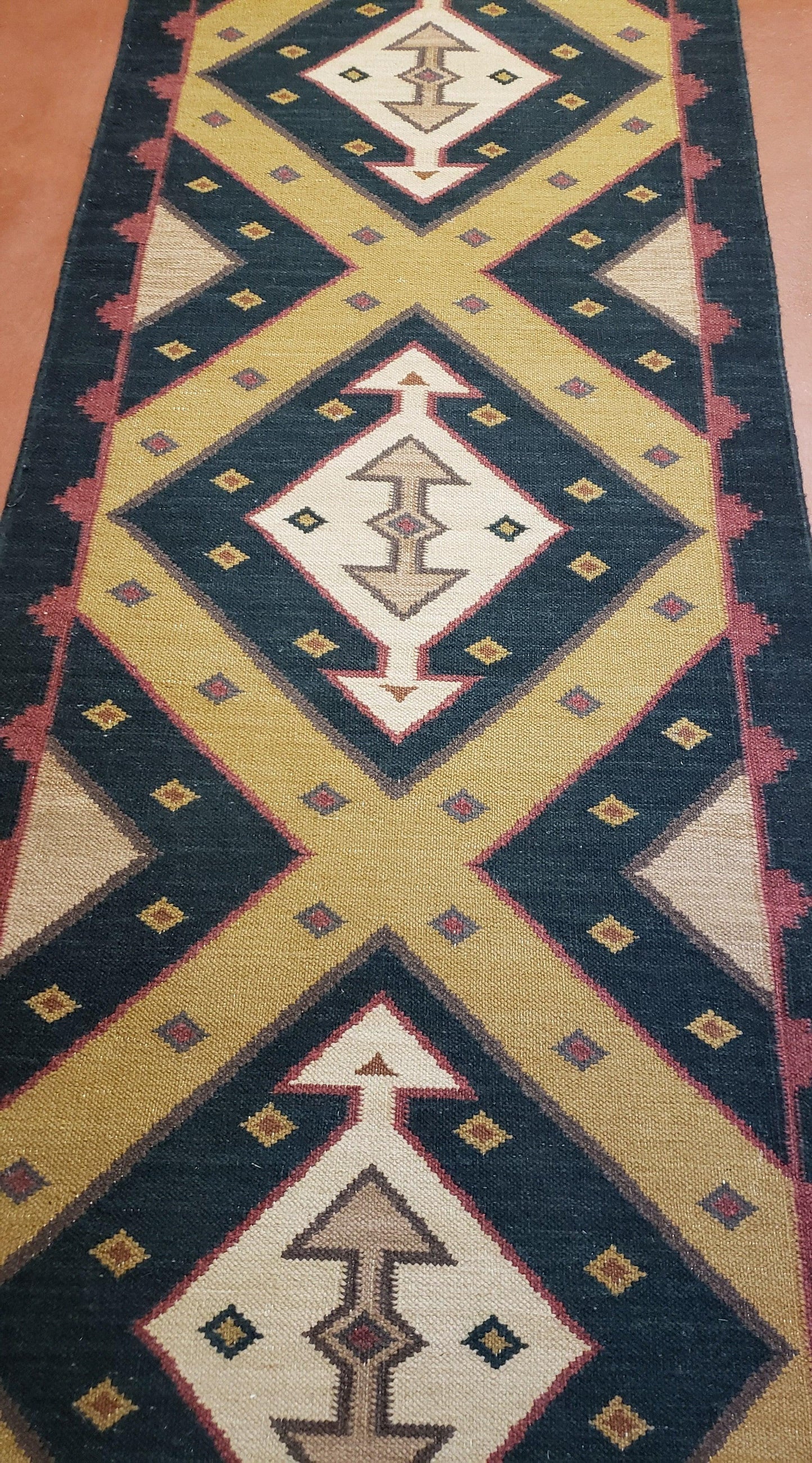 Vintage Indian Kilim Runner Rug, Geometric Flatweave Hand-Knotted Wool Kitchen Hallway Runner, Black Gold & Beige, 2' 8" x 9' 9"