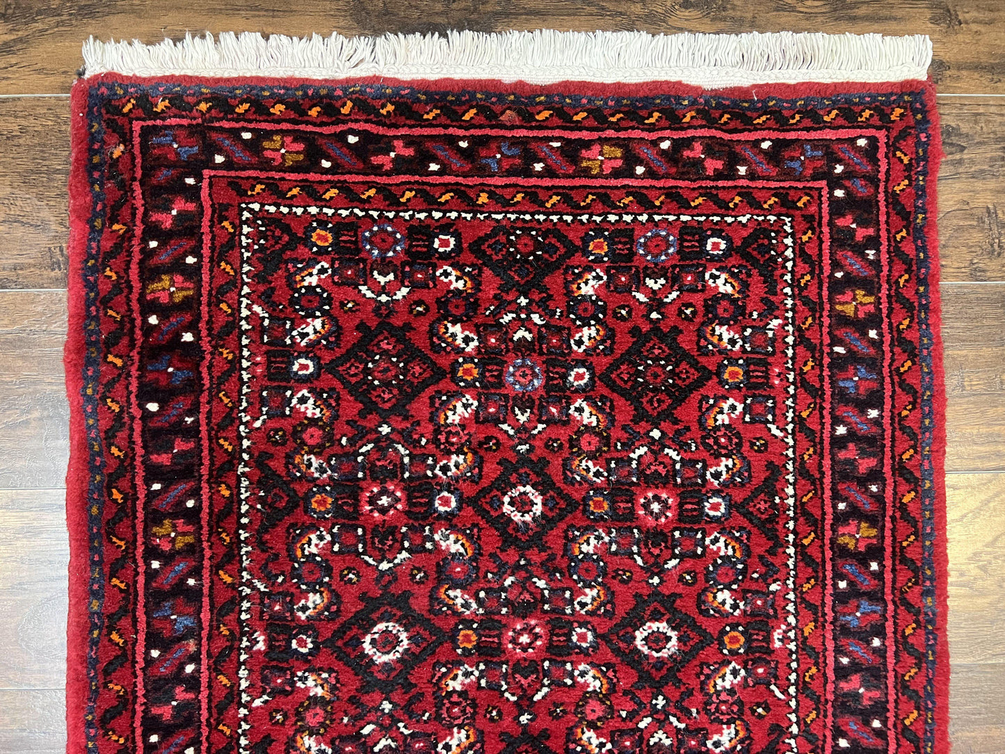Persian Runner Rug 3 x 16, Wool Handmade Long Antique Hamadan Oriental Rug for Hallway, Red Tribal Rug, Allover Pattern, 3x16 Runner Rug