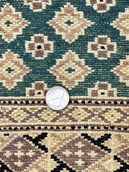 Long Pakistani Runner Rug 2.8 x 20, Hand Knotted Vintage Wool Hallway Rug, Turkoman Rug, Teal and Tan, Handmade Vintage Wool Runner