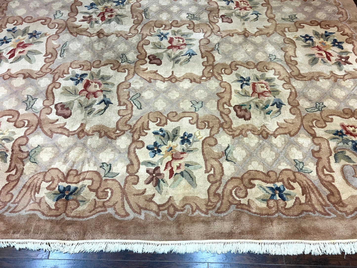 Indo Chinese Aubusson Wool Rug 11x16, Palace Sized Carpet, Oversized Handmade Vintage Rug, European Design