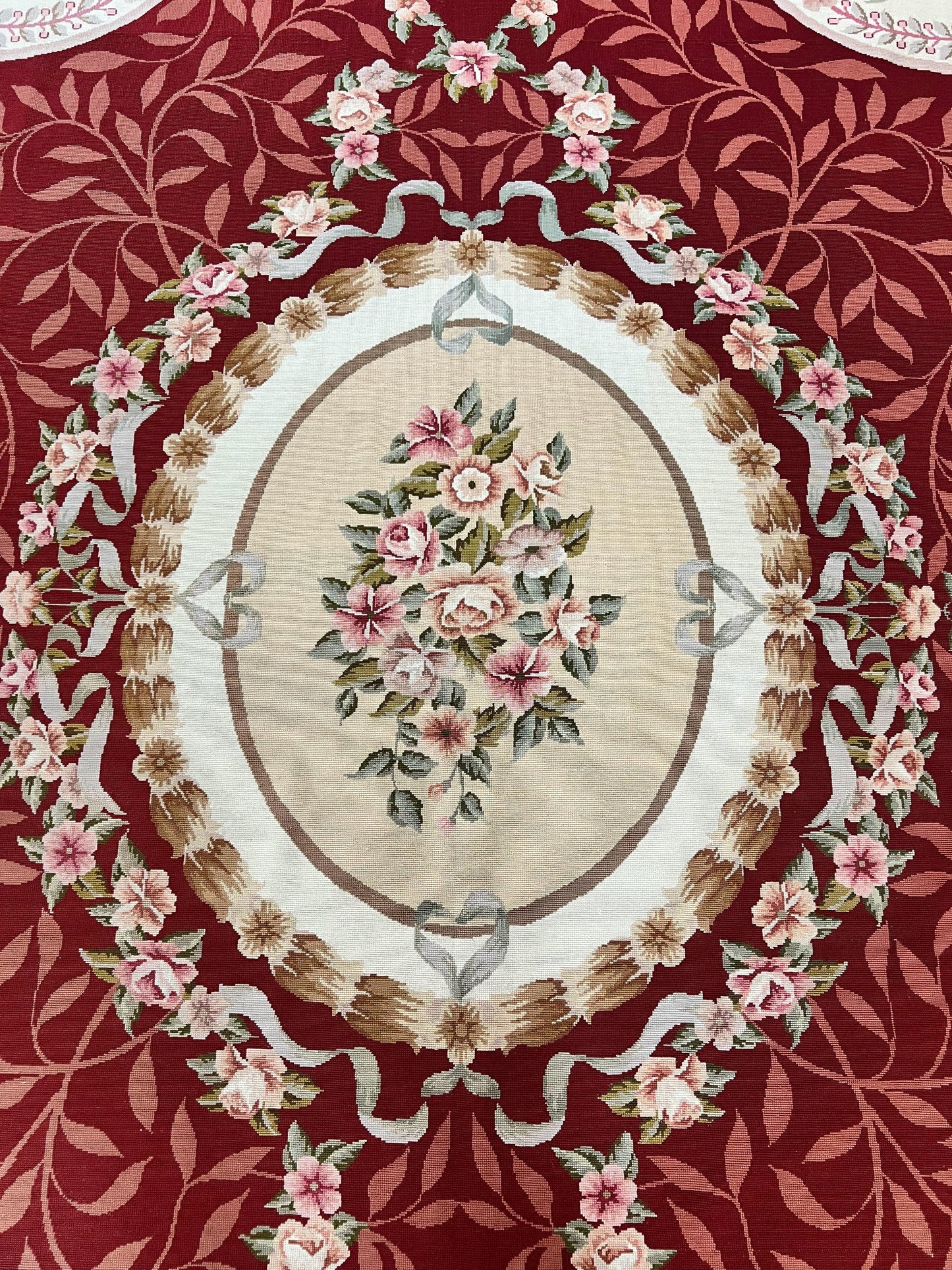 Aubusson Rug Handmade Vintage Needlepoint Carpet 9x12 Red Ivory Wool Elegant European Design