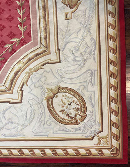 Elegant Aubusson Rug 9x12 Handmade Wool Carpet Red Ivory Vintage French Design
