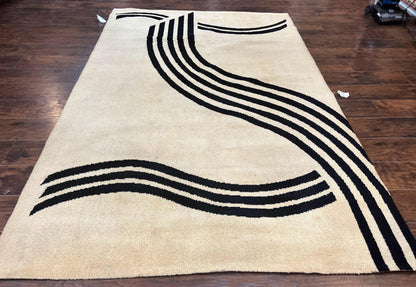 Modern Rug 6x9 Cream and Black Abstract Pattern Wool Area Rug