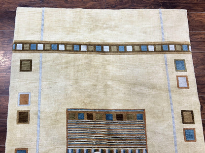 Tibetan Rug 5x8, Contemporary Rug 5 x 8 ft, Cream Brown Blue Hand-Knotted Wool w/ Silk Highlights Tibetan Carpet, Modern Rug