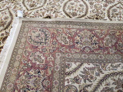 Vintage Indo Persian Area Rug 9x12, Wool Hand-Knotted Ivory & Dark Red Oriental Carpet, Fine Weave 9 x 12 Indian Rug, Dining Room Rug