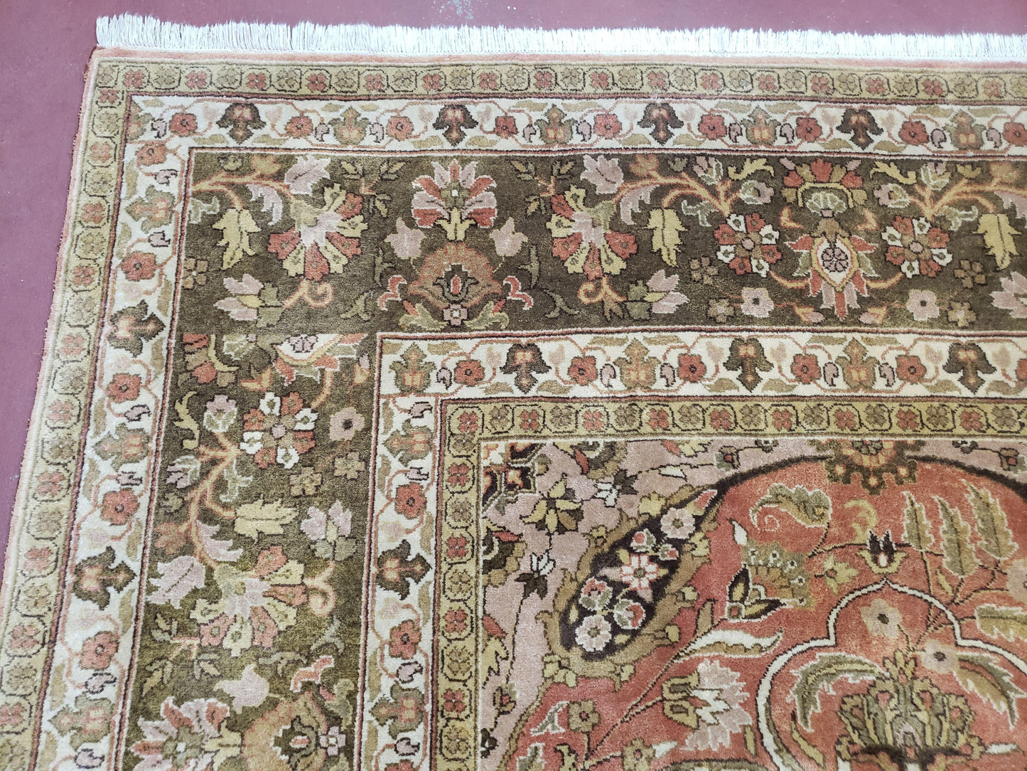 Indo Persian Rug 8x10, Vintage Indian Rug 8 x 10, Fine Hand-Knotted Wool Rug, Rose Clay Red Beige Brown Handmade Area Rug, Floral Medallion