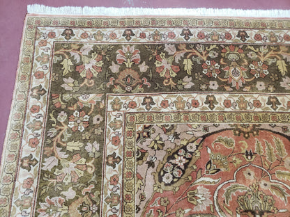 Indo Persian Rug 8x10, Vintage Indian Rug 8 x 10, Fine Hand-Knotted Wool Rug, Rose Clay Red Beige Brown Handmade Area Rug, Floral Medallion
