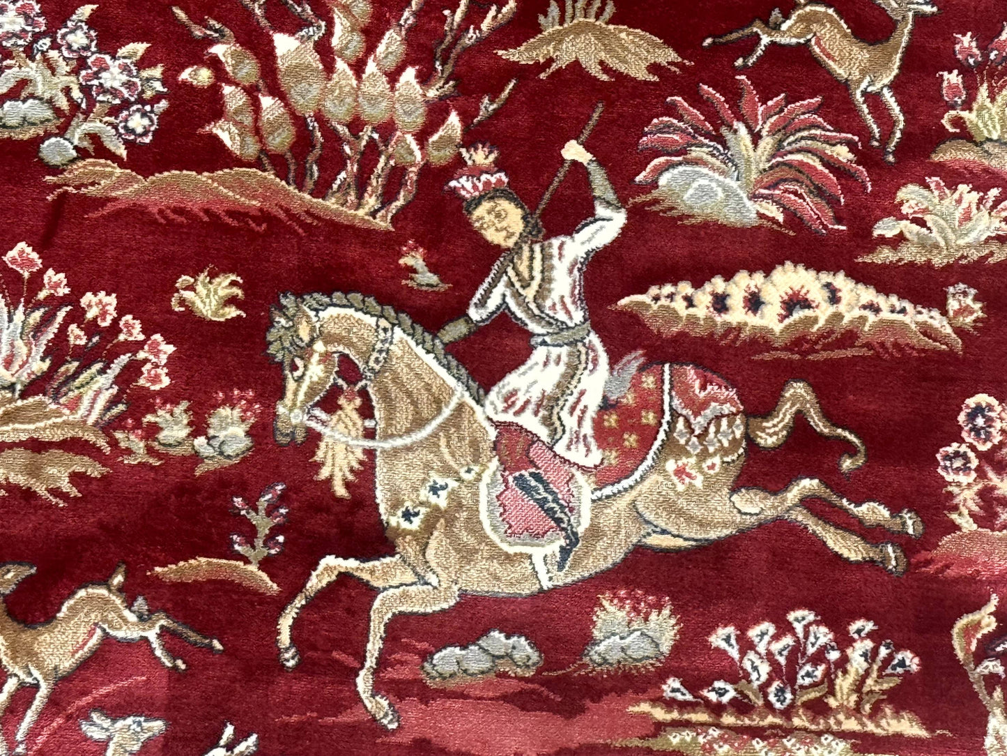 Turkish Silk Hunting Design Rug 4x6 Bamboo Silk Dark Red Ivory