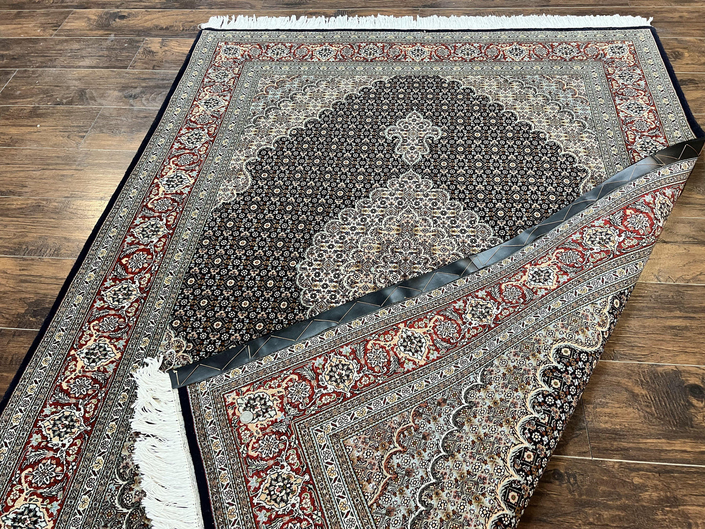 Persian Tabriz Rug 5x7, Wool with Silk Highlights, Hand Knotted Vintage Oriental Carpet, Very Fine, Herati Mahi Pattern, Black, Rare