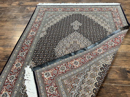 Persian Tabriz Rug 5x7, Wool with Silk Highlights, Hand Knotted Vintage Oriental Carpet, Very Fine, Herati Mahi Pattern, Black, Rare
