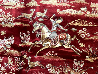 Turkish Silk Hunting Scene Rug 5 x 7.6 ft Red And Ivory Bamboo Silk
