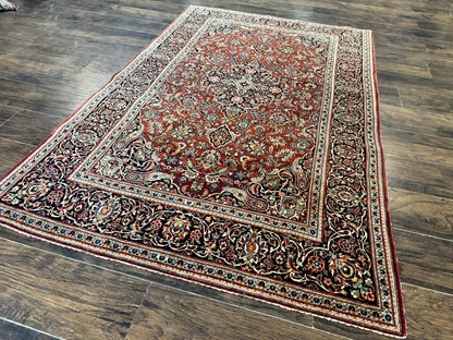 Persian Kashan Rug 4x7 Red Navy Floral Antique Carpet Elegant Medallion Design