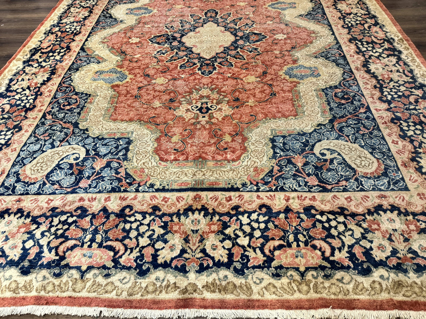 Antique Persian Sarouk Rug 9x12 With Boteh Paisley Medallion Navy Border