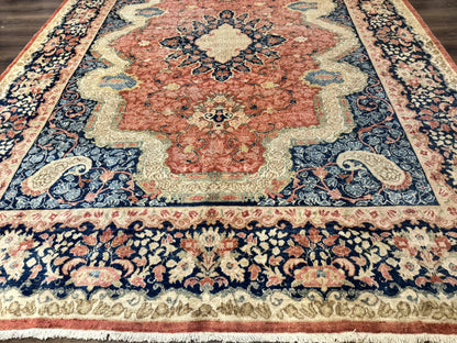 Antique Persian Sarouk Rug 9x12 With Boteh Paisley Medallion Navy Border