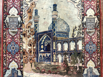 Persian Isfahan Pictorial Rug 3.6 x 5.7, Very Fine 400 KPSI, Historical Buildings, Signed By Masterweaver, Handmade