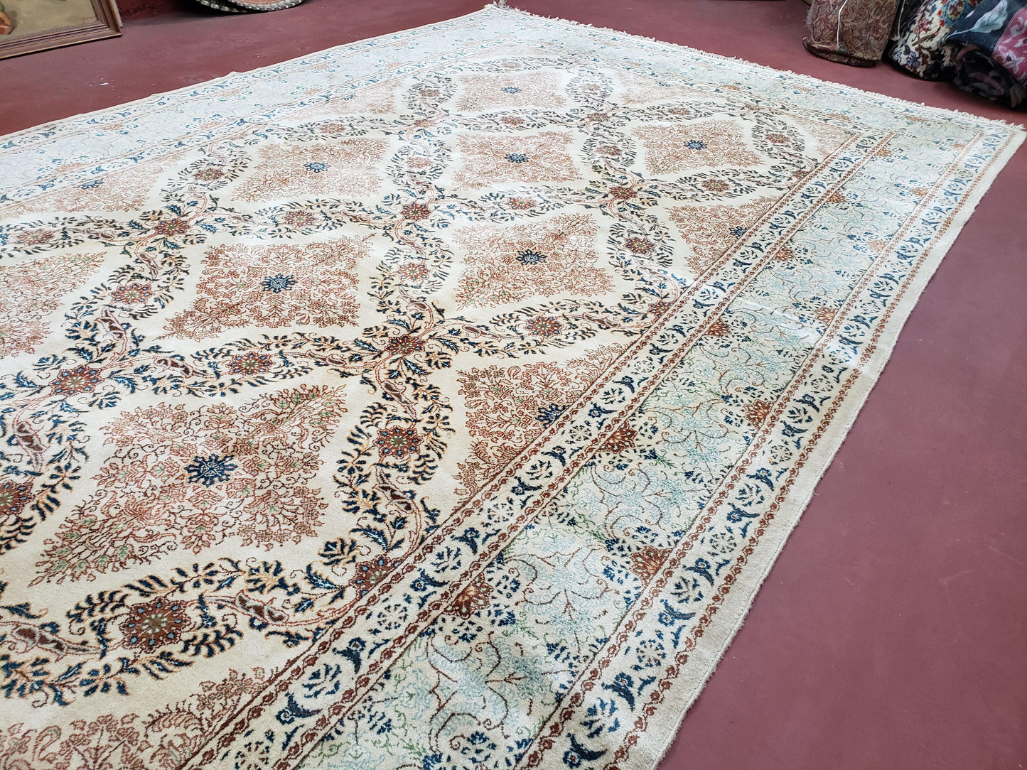 Fine Antique Persian Light Colored Kashan Carpet, 7x12, Top Quality, Rare, Ivory & Blues, Hand-Knotted, Wool