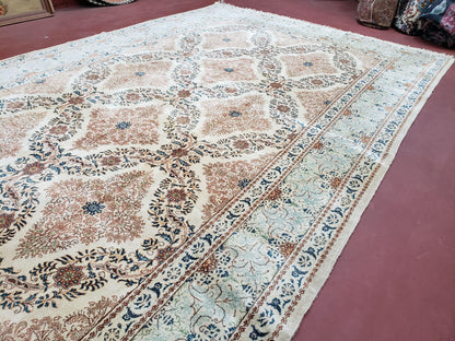 Fine Antique Persian Light Colored Kashan Carpet, 7x12, Top Quality, Rare, Ivory & Blues, Hand-Knotted, Wool