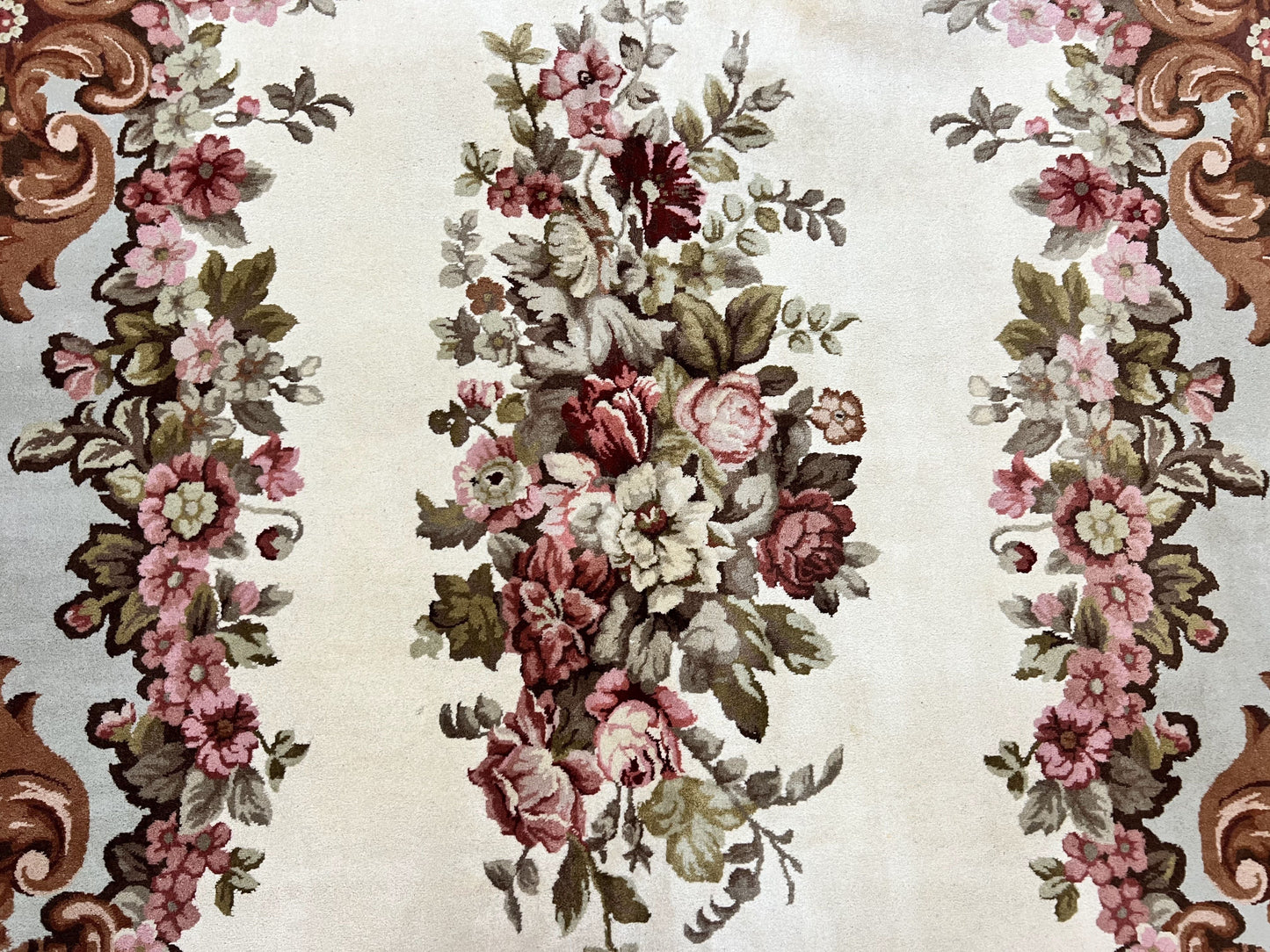 Aubusson Rug 10x13, Cream and Light Mint Green Hand Knotted Handmade French Savonnerie European Carpet, Wool Pile, Large Room Sized Vintage