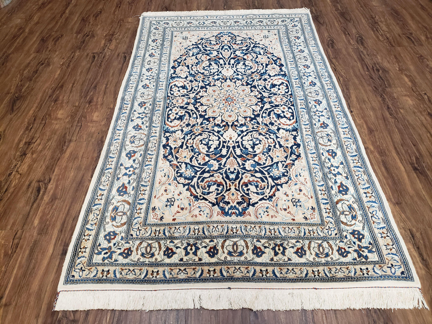 Semi Antique Persian Nain Rug Hand Knotted With Wool Silk Accents Ivory And Blue