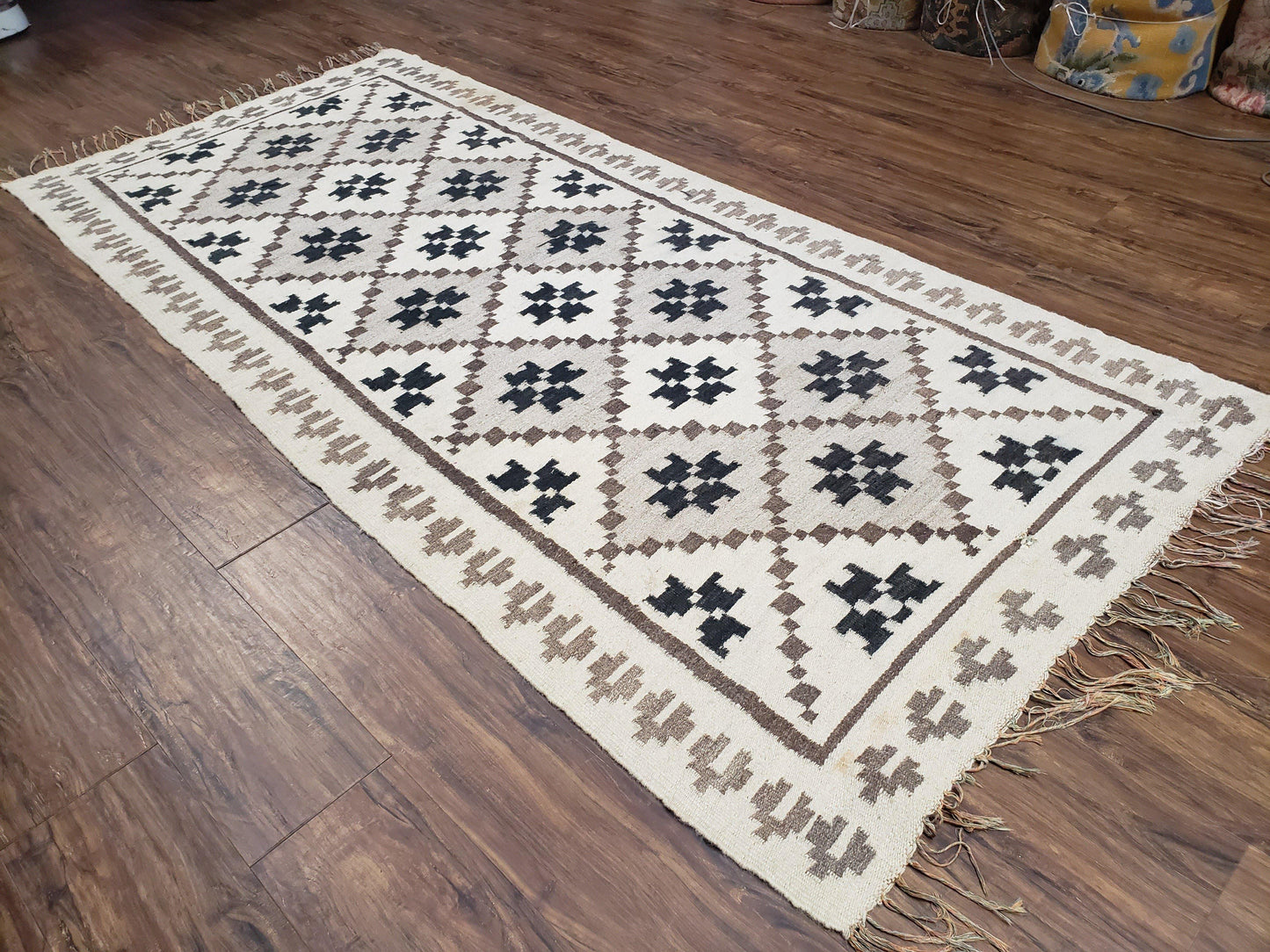 Semi Antique South American Handwoven Wool Kilim Rug 4x8 Runner Diamond Panel