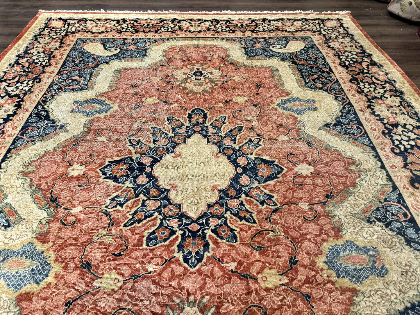 Antique Persian Sarouk Rug 9x12 With Boteh Paisley Medallion Navy Border