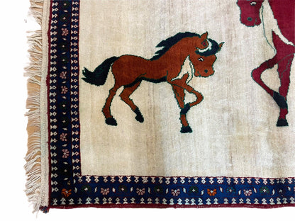Handmade Wool Pictorial Horse Rug Hand Knotted 3.5 By 5 Brown