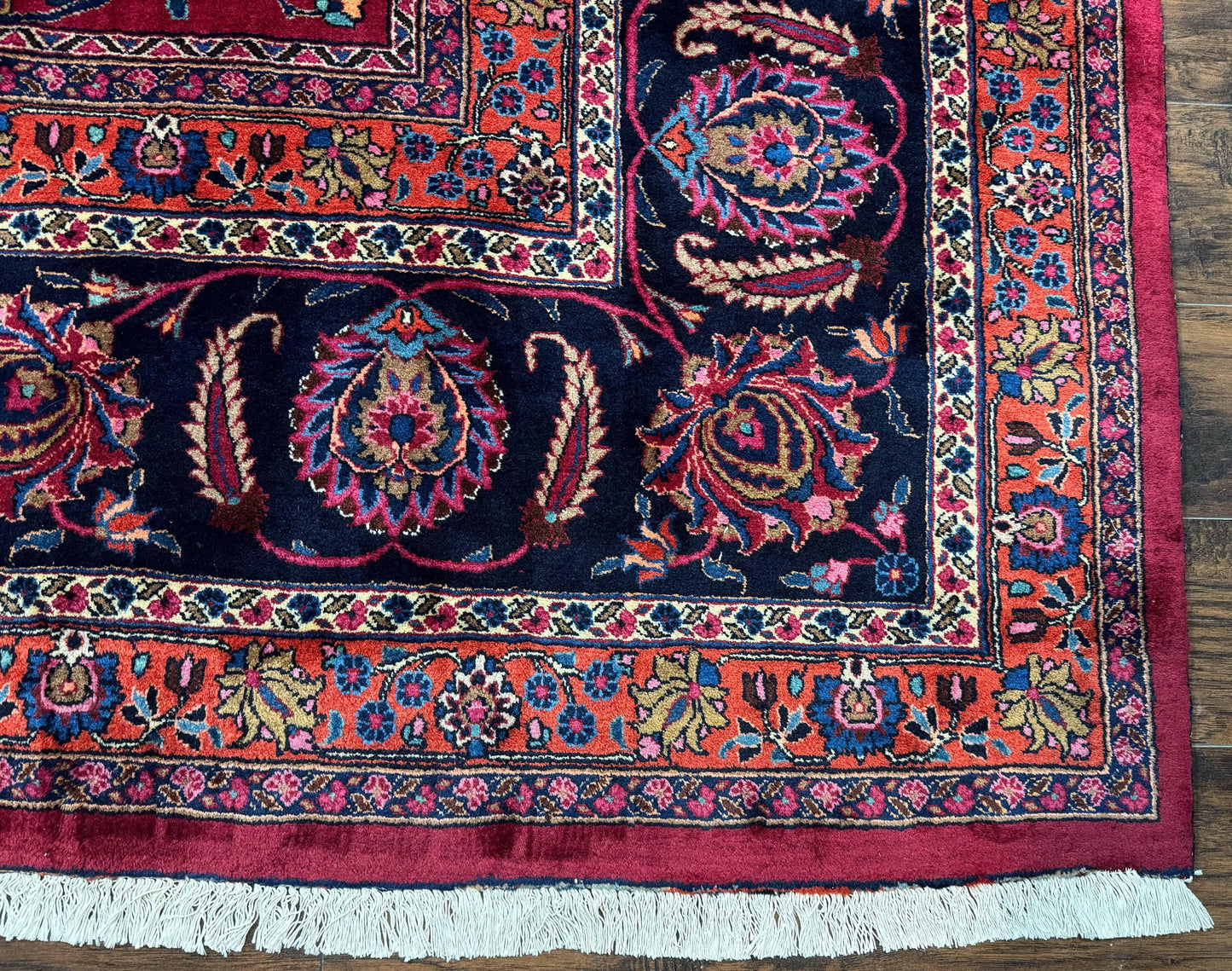 Palace Size Persian Mashad Rug 12x16, Raspberry and Navy Blue, Signature from Master Weaver, Antique Handmade Large Wool Carpet