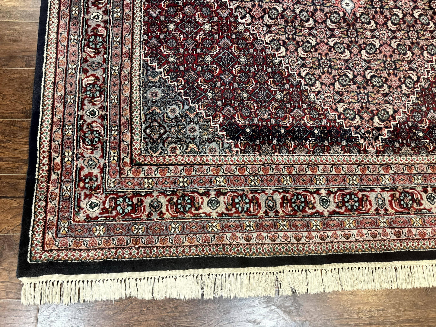 Indo Persian Bidjar Rug 8x11, Herati Mahi Pattern, Red Navy Blue, Handmade Vintage Wool Carpet