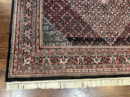 Indo Persian Bidjar Rug 8x11, Herati Mahi Pattern, Red Navy Blue, Handmade Vintage Wool Carpet