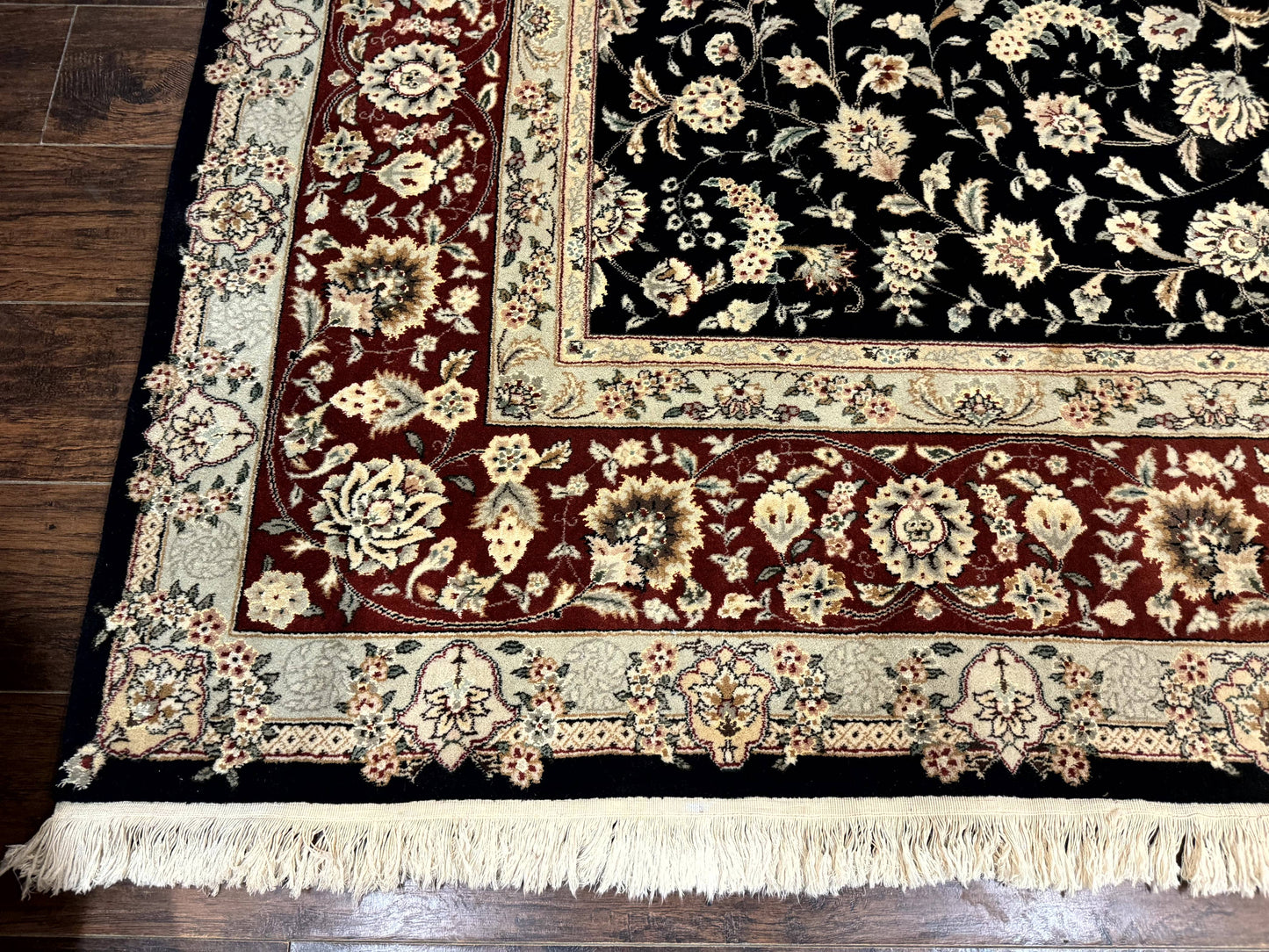 Sino Persian Rug 9x12 Hand Knotted Wool Silk Highlights Allover Floral Black And Dark Red