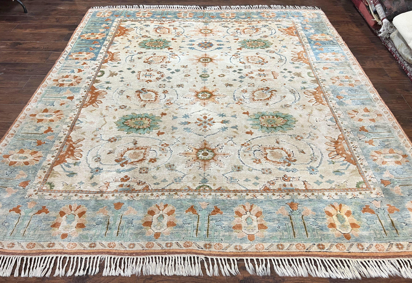 Turkish Oushak Rug 9x10 Farmhouse Beige Vintage Hand Knotted Wool