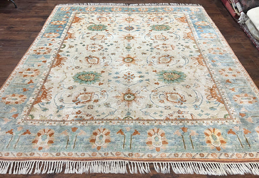Turkish Oushak Rug 9x10 Farmhouse Beige Vintage Hand Knotted Wool