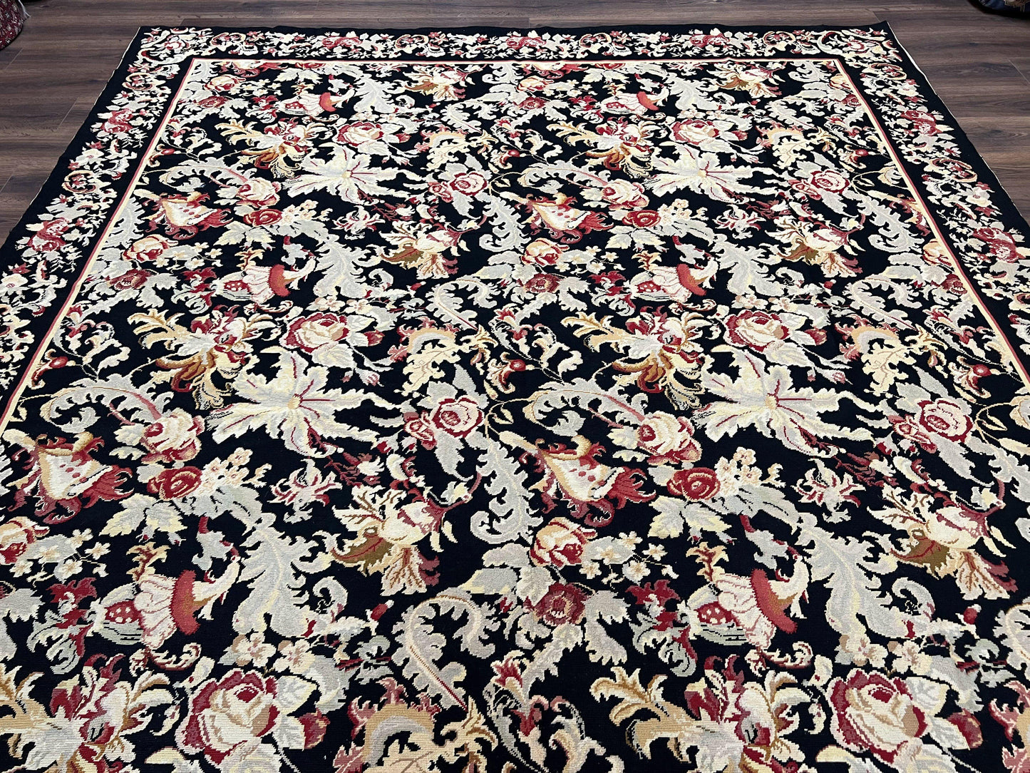 Wool Needlepoint Rug 9x12, William Morris Vintage Chinese Needlepoint Carpet 9 x 12, Handwoven, Allover Floral Area Rug, Black Light Green