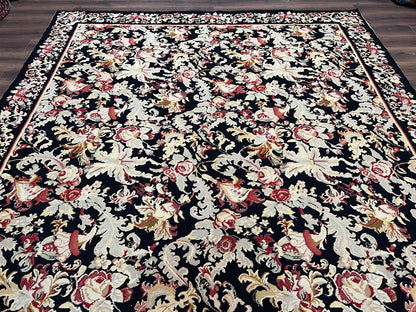 Wool Needlepoint Rug 9x12, William Morris Vintage Chinese Needlepoint Carpet 9 x 12, Handwoven, Allover Floral Area Rug, Black Light Green