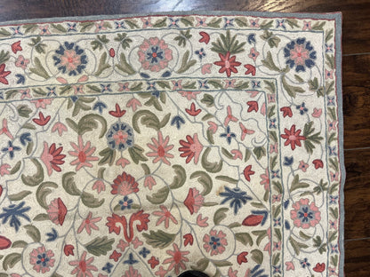 Hand Stitched Indian Rug Floral Vintage Wool Area Rug 4x5 Hand Embroidered