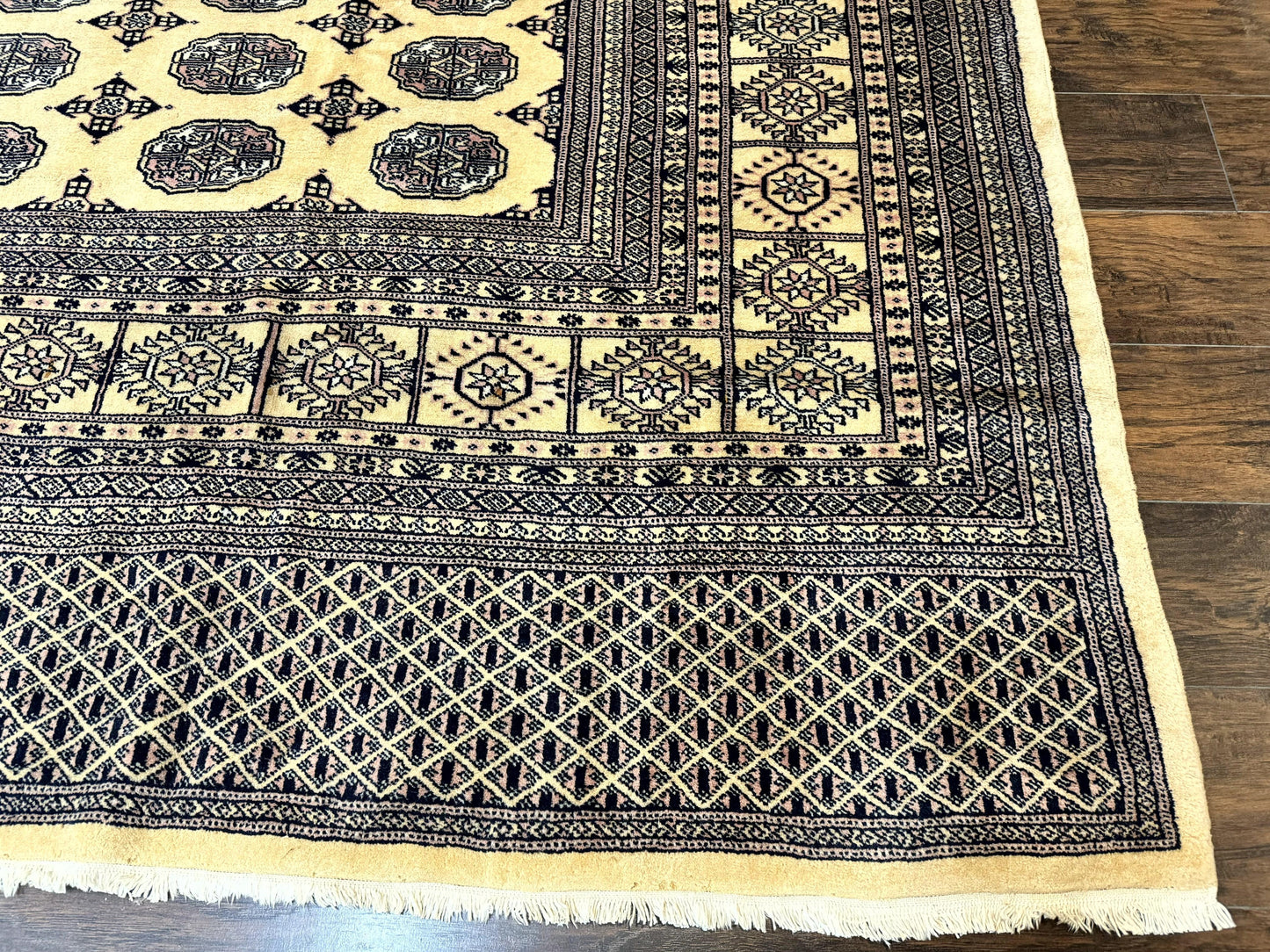 Pakistani Bokhara Turkoman Rug 9x11, Cream, Handmade Wool Vintage Carpet