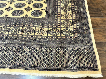 Pakistani Bokhara Turkoman Rug 9x11, Cream, Handmade Wool Vintage Carpet
