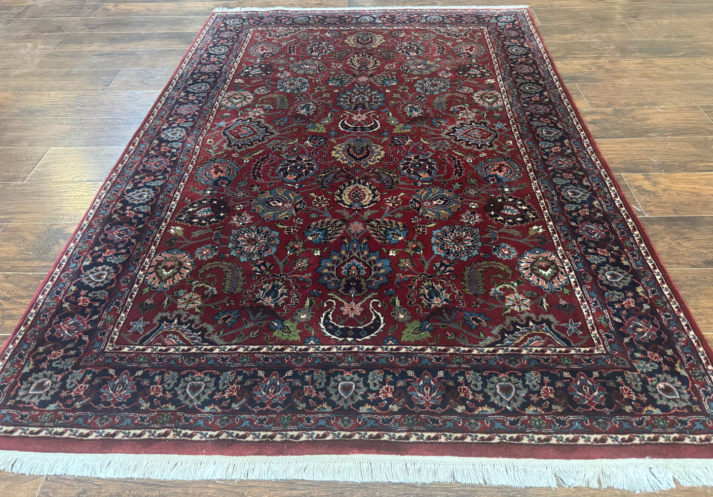 Indo Persian Rug 5x7 Vintage Floral Carpet Burgundy Navy Blue Handmade Wool