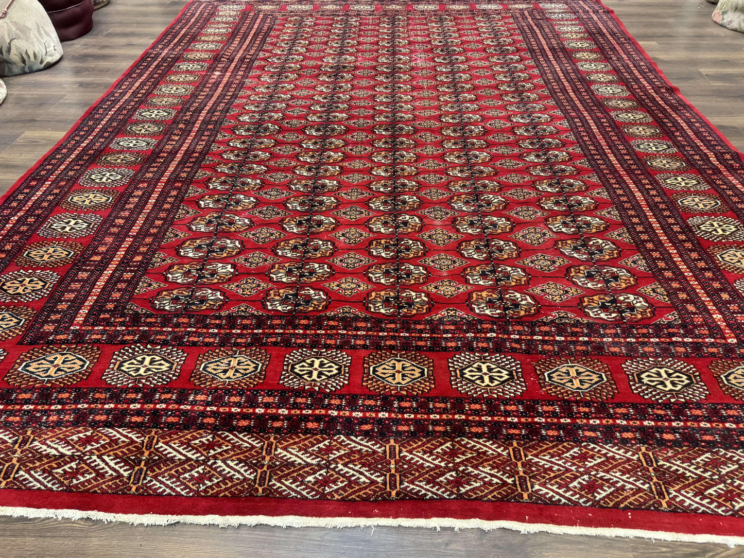 Bokhara Rug 9x12 Handmade Wool Turkoman Area Rug Red Tribal Carpet