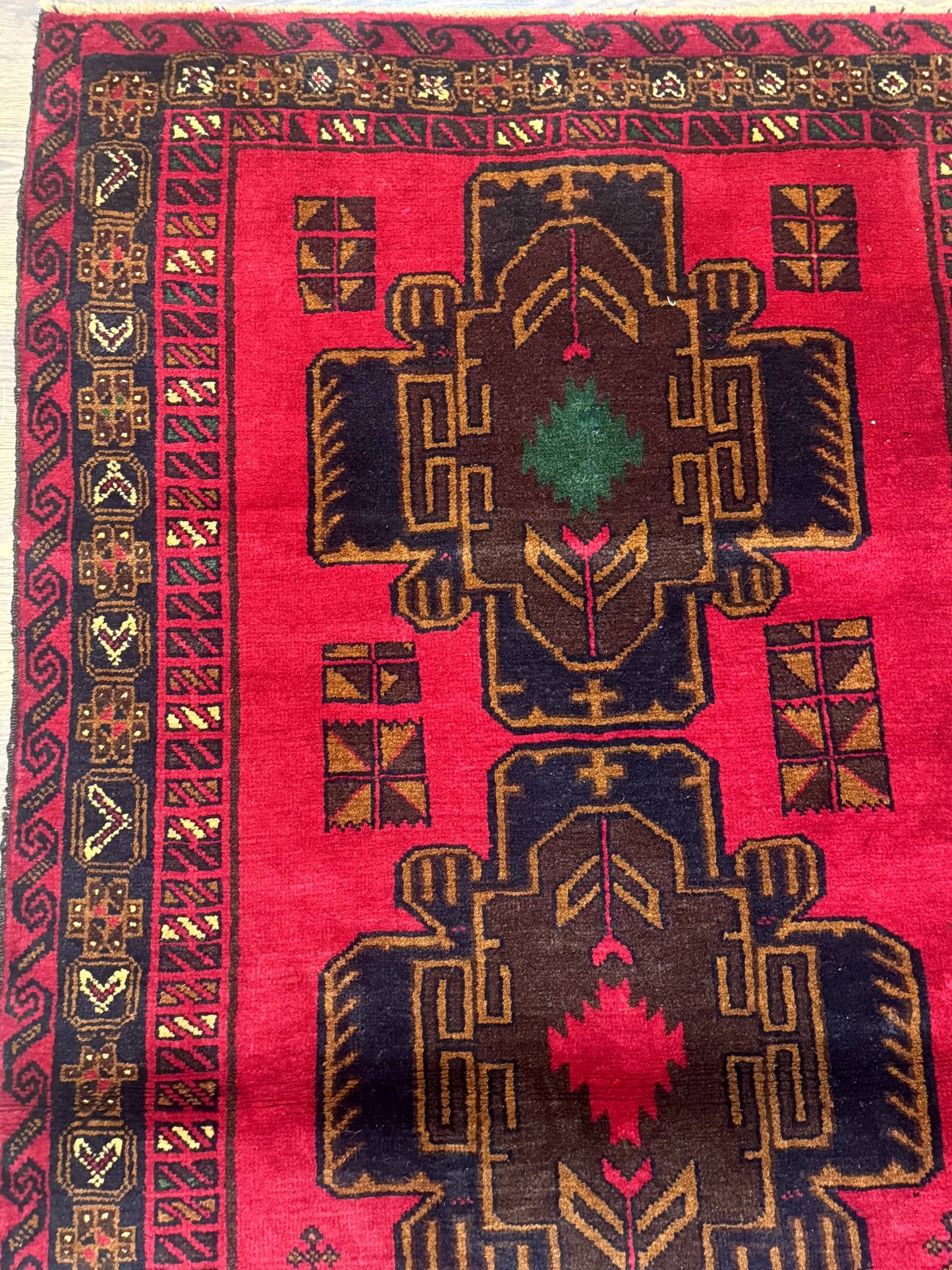 Afghan Balouch Rug Red 4x7 Handmade Wool Area Carpet Triple Medallions